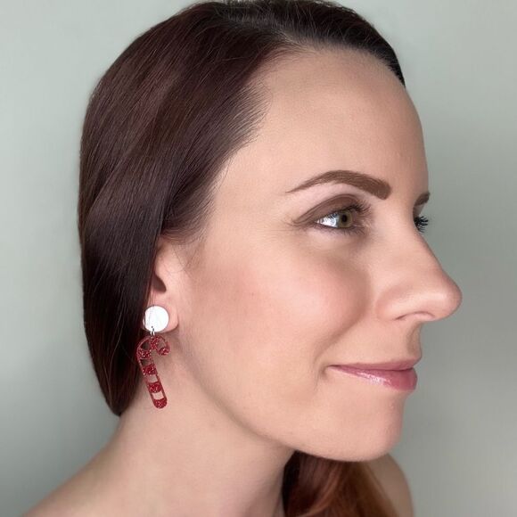 Christmas Holiday Red White Glitter Candy Cane Post Dangle Earrings - Picture 2 of 2